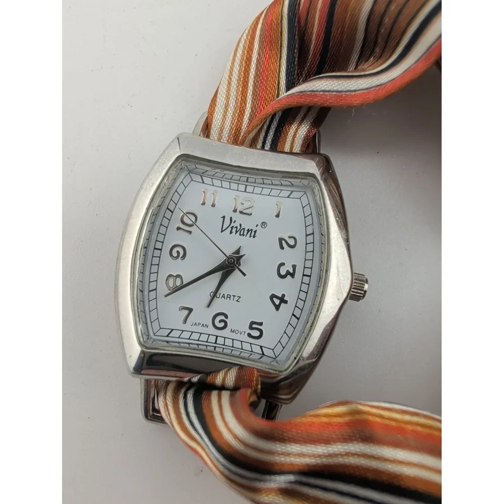 Vivani Women's Watch 28mm Silver Case Orange/Brown Fabric Band- New Battery
